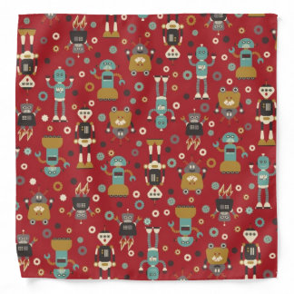 Fun Retro Robots Illustrated Pattern (Red) Bandana