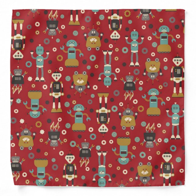 Fun Retro Robots Illustrated Pattern (Red) Bandana (Front)
