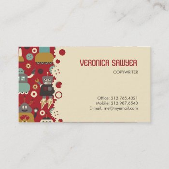 Fun Retro Robots Illustrated Pattern (red) Business Card by funkypatterns at Zazzle