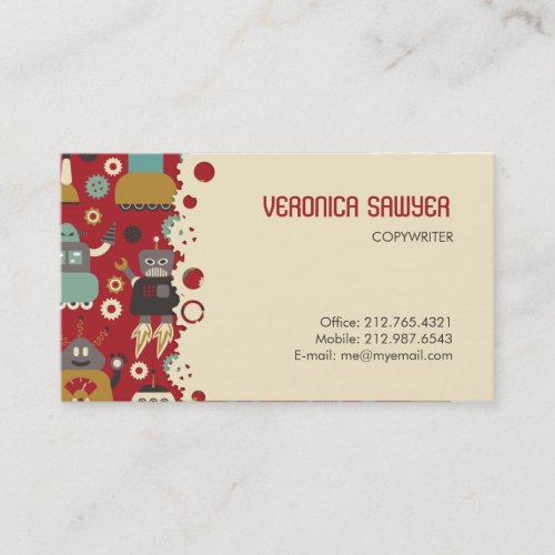 Fun Retro Robots Illustrated Pattern Red Business Card