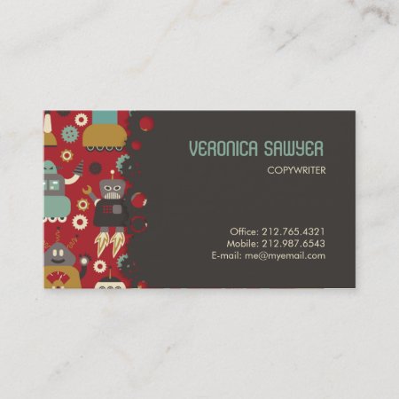 Fun Retro Robots Illustrated Pattern (red) Business Card