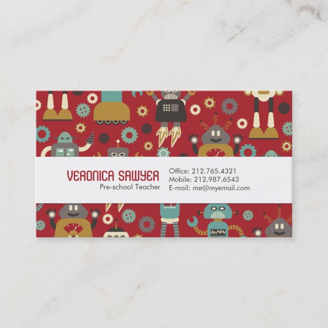 Fun Retro Robots Illustrated Pattern (Red) Business Card (Front)