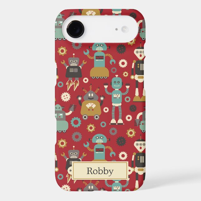 Fun Retro Robots Illustrated Pattern (Red) Case-Mate iPhone Case (Back)