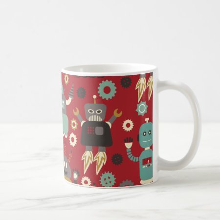 Fun Retro Robots Illustrated Pattern (red) Coffee Mug