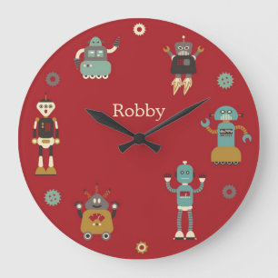 Fun Retro Robots Illustrated Pattern (Red) Large Clock