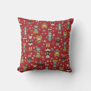 Fun Retro Robots Illustrated Pattern (Red) Throw Pillow