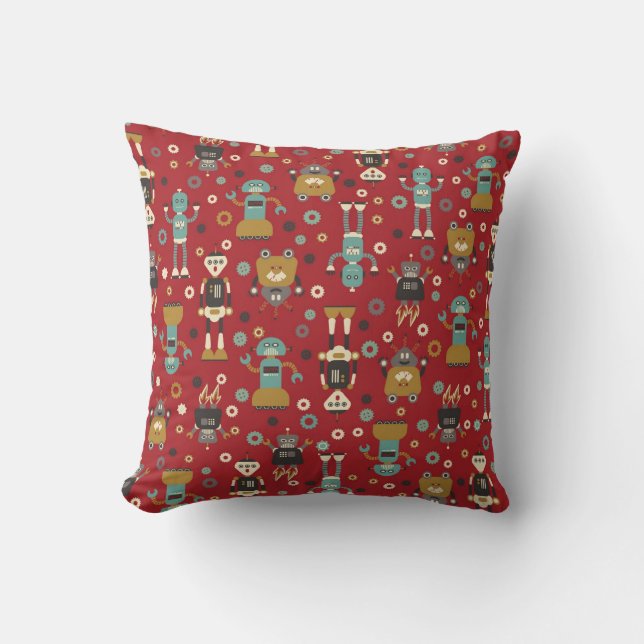 Fun Retro Robots Illustrated Pattern (Red) Throw Pillow (Front)