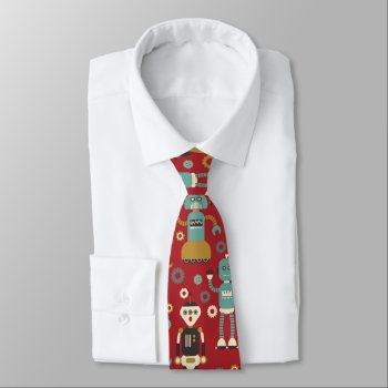 Fun Retro Robots Illustrated Pattern (red) Tie by funkypatterns at Zazzle