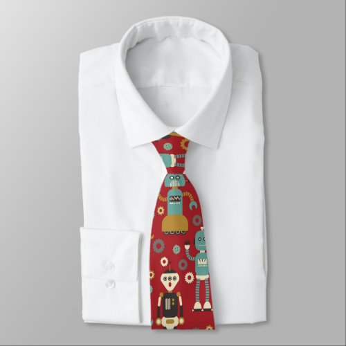 Fun Retro Robots Illustrated Pattern Red Tie