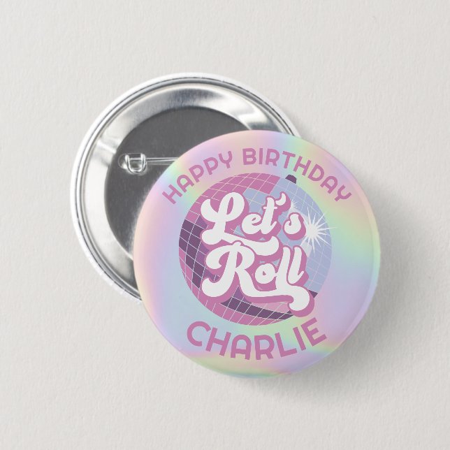 Fun Retro Roller Skating Girls Birthday Favors Button (Front & Back)