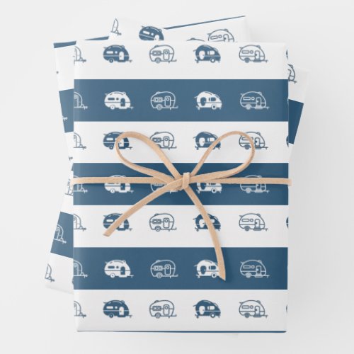 Fun Retro RV Campers in Blue and White Wrapping Paper Sheets