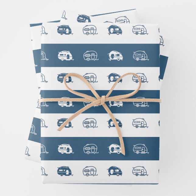 Fun Retro RV Campers in Blue and White Wrapping Paper Sheets (In situ)