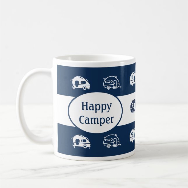 Fun Retro RV Campers Mug in Navy and White Stripes (Left)