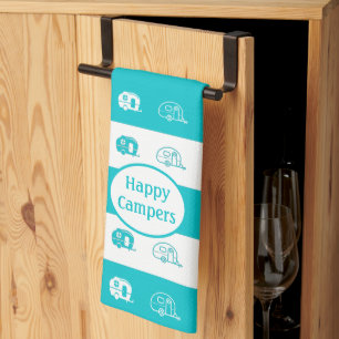 Fun Retro RV Happy Campers in Aqua and White Kitchen Towel