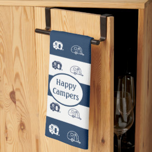 Fun Retro RV Happy Campers in Navy Blue and White Kitchen Towel