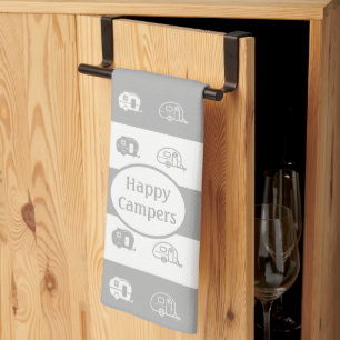 Fun Retro RV Happy Campers, Light Grey and White Kitchen Towel