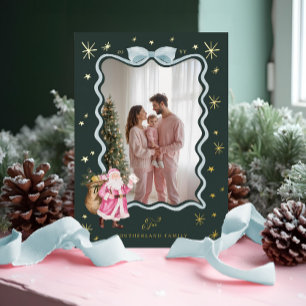 Fun Retro Santa Wavy Blue Ribbon Photo Christmas Foil Holiday Card