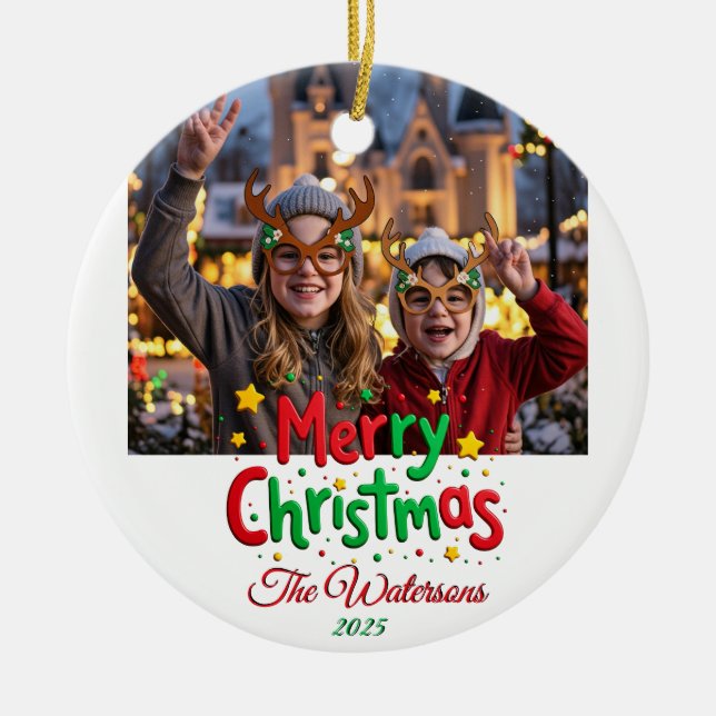 Fun Retro Script Merry Christmas Letterpress Photo Ceramic Ornament (Front)