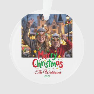 Fun Retro Script Merry Christmas Letterpress Photo Ornament