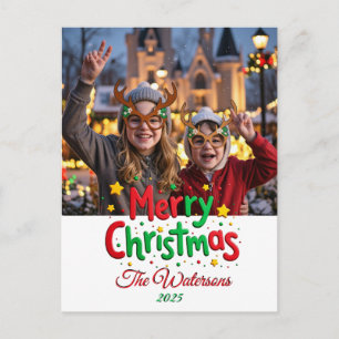Fun Retro Script Merry Christmas Letterpress Photo Postcard