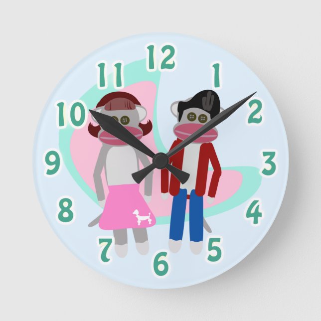 Fun Retro Sock Hop Monkey Cartoon Characters Round Clock (Front)