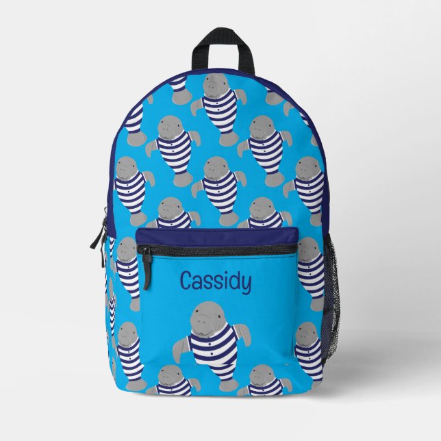 Fun Retro Swimsuit Manatee Animal Kids Name Printed Backpack (Front)