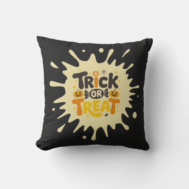 Fun Retro "Trick or Treat" Splash Halloween  Throw Pillow (Front)