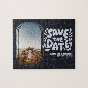 Fun Retro Typography Photo Wedding Save the Date Jigsaw Puzzle