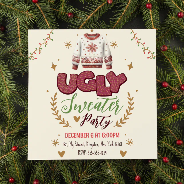 Fun Retro Ugly Sweater Christmas Party Invitation | Zazzle