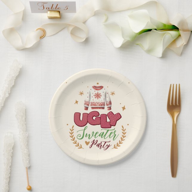 Fun Retro Ugly Sweater Christmas Party Paper Plates (Wedding)