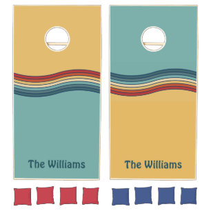 Fun Retro Wave Rainbow Stripes with Family Name Cornhole Set