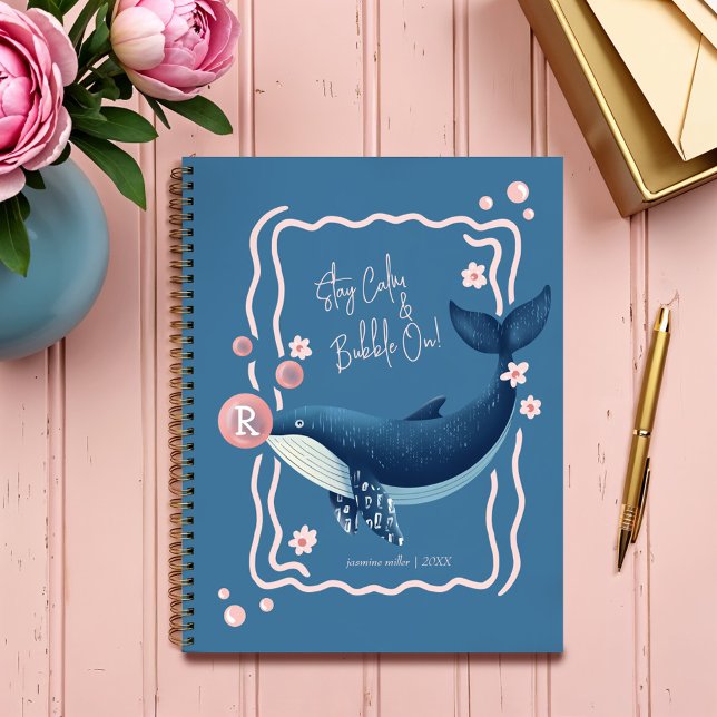 Fun Retro Wavy Blue Whale Pink Gum Bubbles  Planner (Fun Retro Wavy Blue Whale Pink Gum Bubbles Planner)