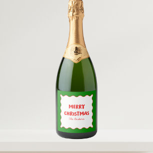 Fun Retro Wavy Red and Green Custom Chic Christmas Sparkling Wine Label