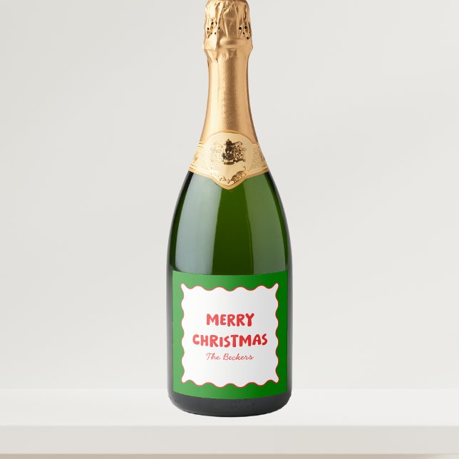 Fun Retro Wavy Red and Green Custom Chic Christmas Sparkling Wine Label (Creator Uploaded)
