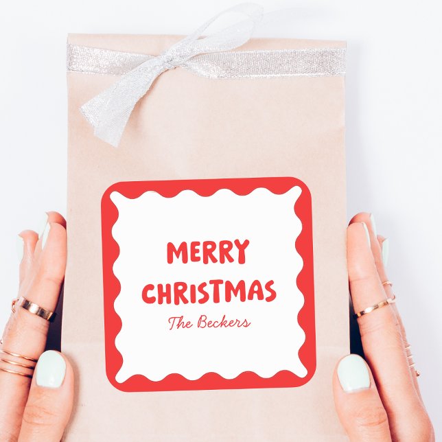 Fun Retro Wavy Red and White Custom Chic Christmas Square Sticker (Creator Uploaded)
