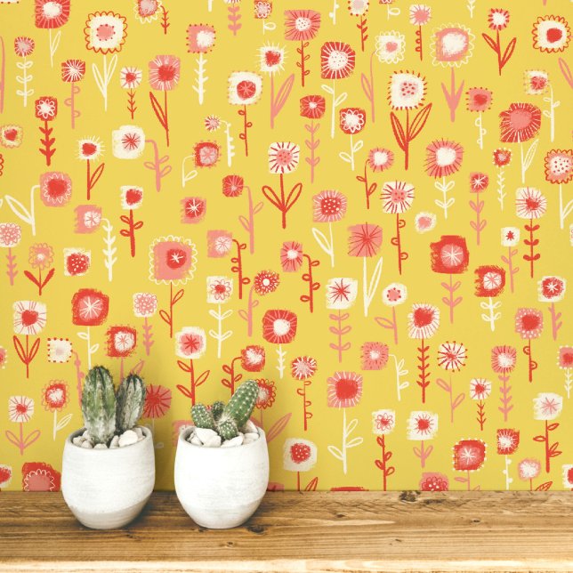 Fun Retro Yellow Floral Pattern Wallpaper (Retro yellow and pink floral ditsy fun peel and stick wallpaper)