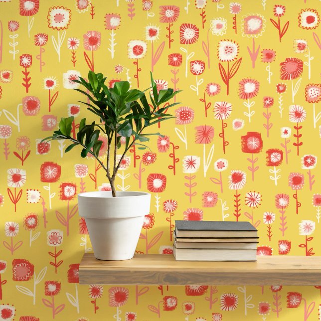 Fun Retro Yellow Floral Pattern Wallpaper (Retro yellow and pink floral ditsy fun peel and stick wallpaper)