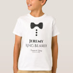 Fun Ring Bearer Black Tie Wedding T-shirt<br><div class="desc">These fun t-shirts are designed as favors or gifts for wedding ring bearers. The t-shirt is white and features an image of a black bow tie and three buttons. The text reads Ring Bearer, and has a place to enter his name as well as the wedding couple's name and wedding...</div>