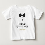 Fun Ring Bearer Black Tie Wedding Toddler T-shirt<br><div class="desc">These fun t-shirts are designed as favors or gifts for wedding ring bearers. The t-shirt is white and features an image of a black bow tie and three buttons. The text reads Ring Bearer, and has a place to enter his name as well as the wedding couple's name and wedding...</div>