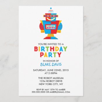 Fun Robot Birthday Party Invitation by cardeddesigns at Zazzle