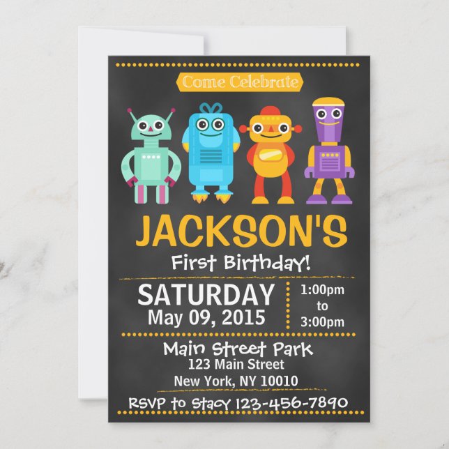 Fun Robot Chalkboard Style Invitation (Front)