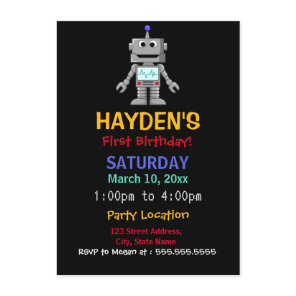 Fun Robot First Birthday Party Invitation