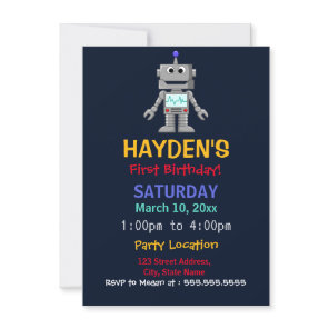 Fun Robot First Birthday Party Invite