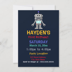 Fun Robot First Birthday Party Invite
