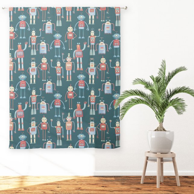 Fun Robot Pattern Teal Green Sheer Curtains (Fun robot nursery or kids room curtains)