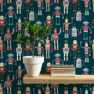 Fun Robot Pattern Teal Green Wallpaper