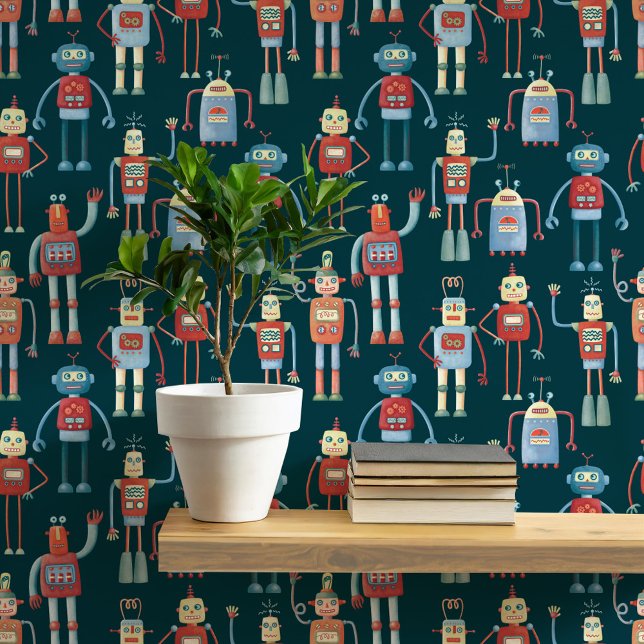 Fun Robot Pattern Teal Green Wallpaper (Fun robot pattern teal green wallpaper for nursery and kids room decor)