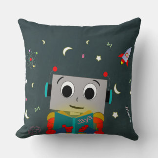 Fun Robot Reading Book With Custom Name Throw Pillow