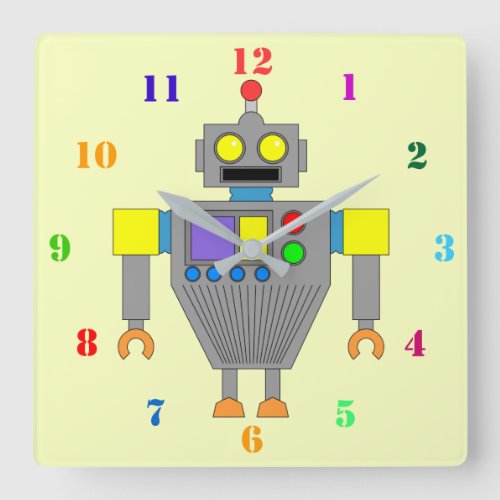 FUN ROBOT TOY FOR KIDS WITH COLORFUL NUMBERS SQUARE WALL CLOCK