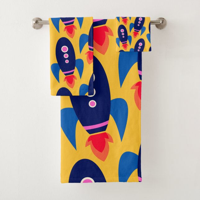 Fun Rocket Spaceship Astronaut Pattern in Yellow Bath Towel Set (Insitu)